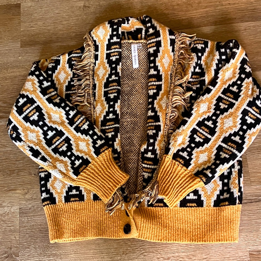 Geometric Patterned Cardigan with Fringe